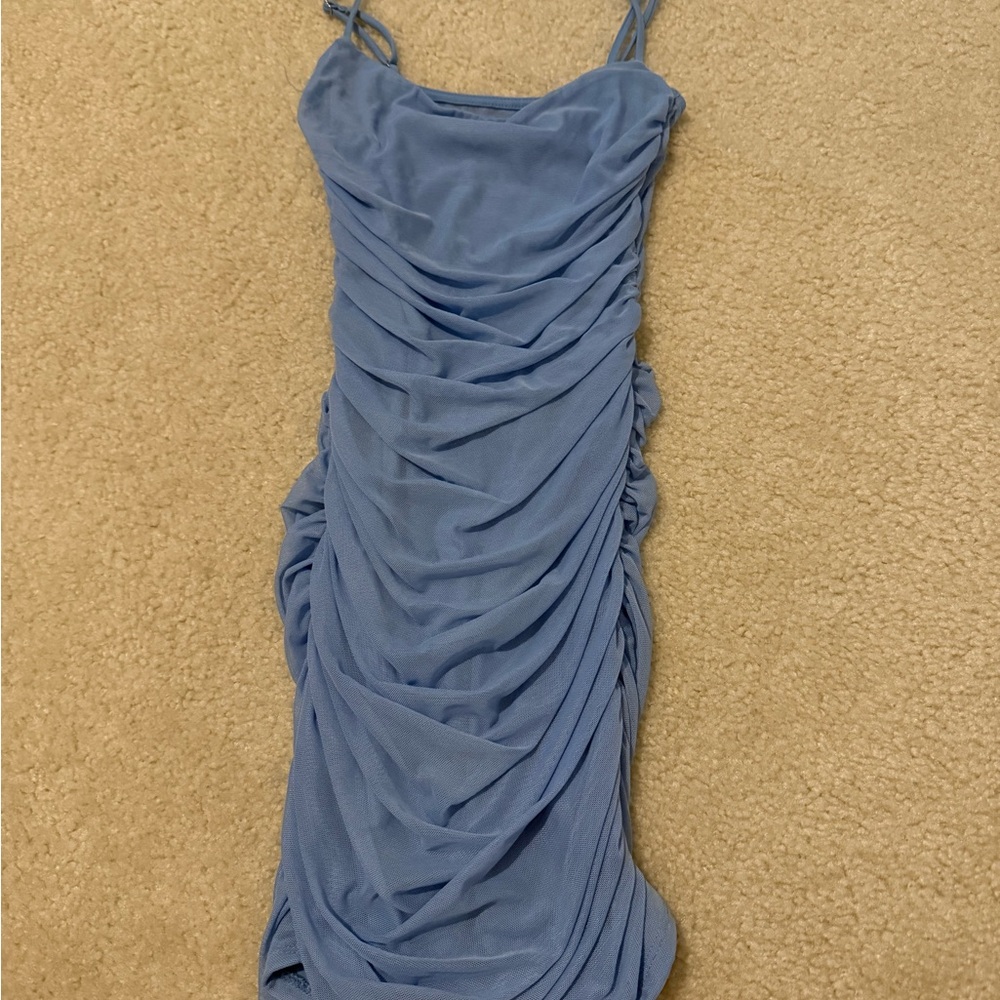 Blue Ruched Bodycon Mini Dress